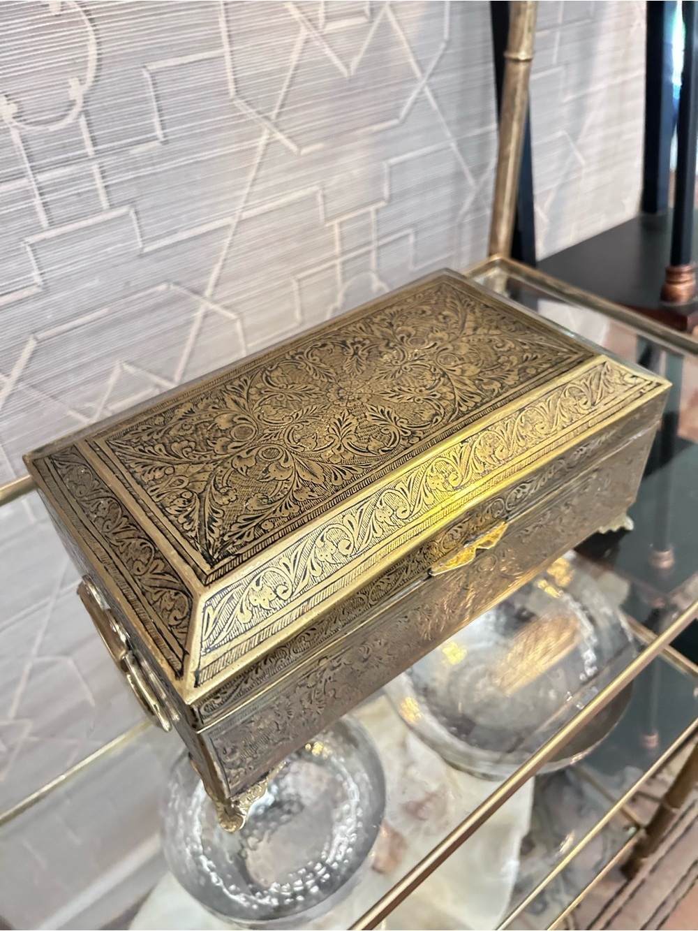 Vintage Etched Brass Jewelry Box Red Velvet Lined Trinket Box